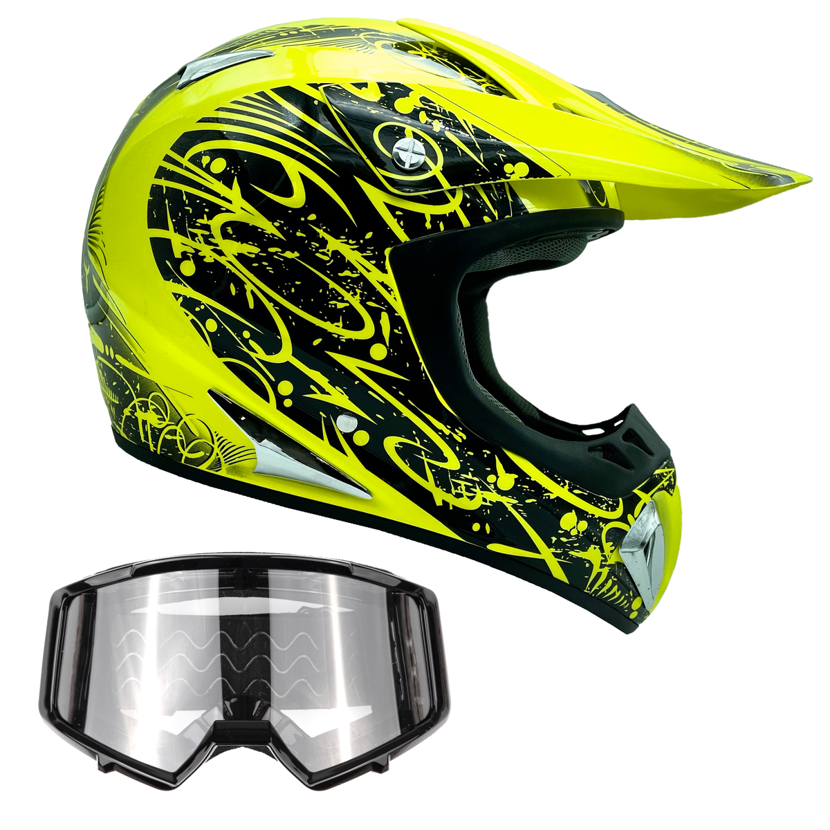 Adult TYPHOON OFFROAD ATV MOTOCROSS Helmet HI-VIZ with Black Goggles S