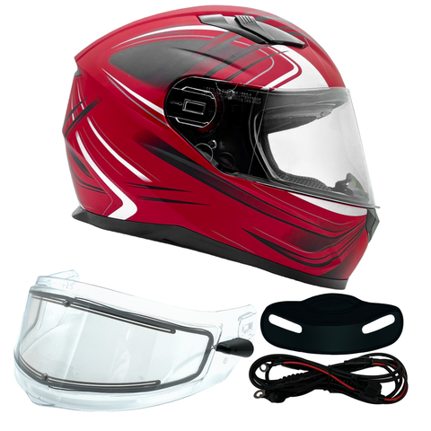 Adult Full Face Matte Red Snowmobile Helmet w/ Electric Heated Shield
