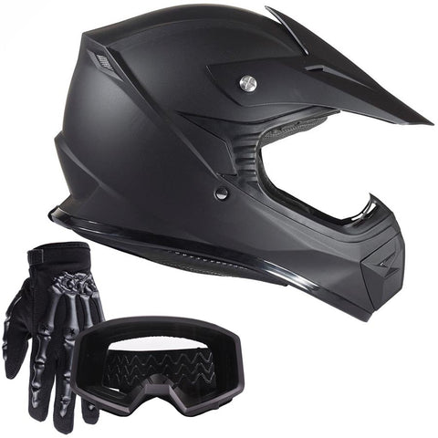 Youth Matte Black Helmet w/ Black Gloves & Goggles
