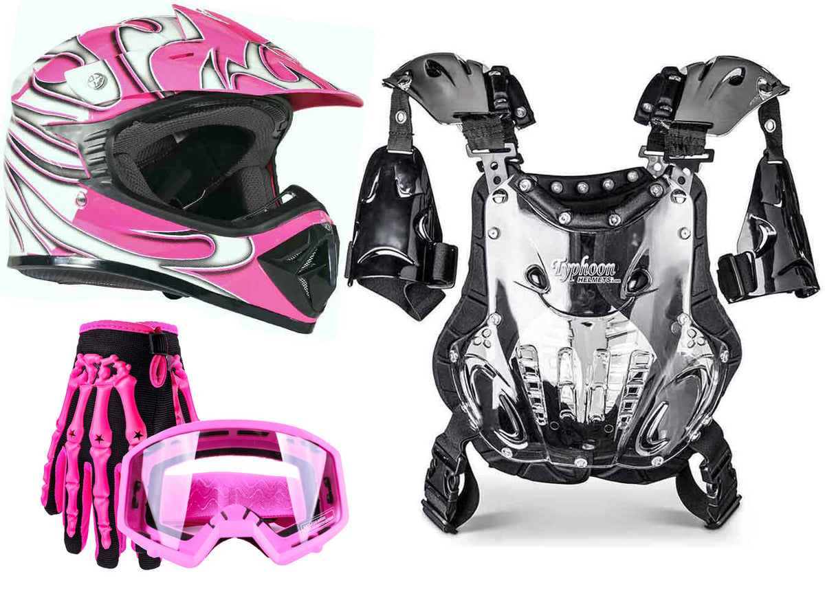 bike helmet pads & gloves Pink Youth Motocross Helmet w/ Gloves, Goggles & Pee-Wee Chest Protector