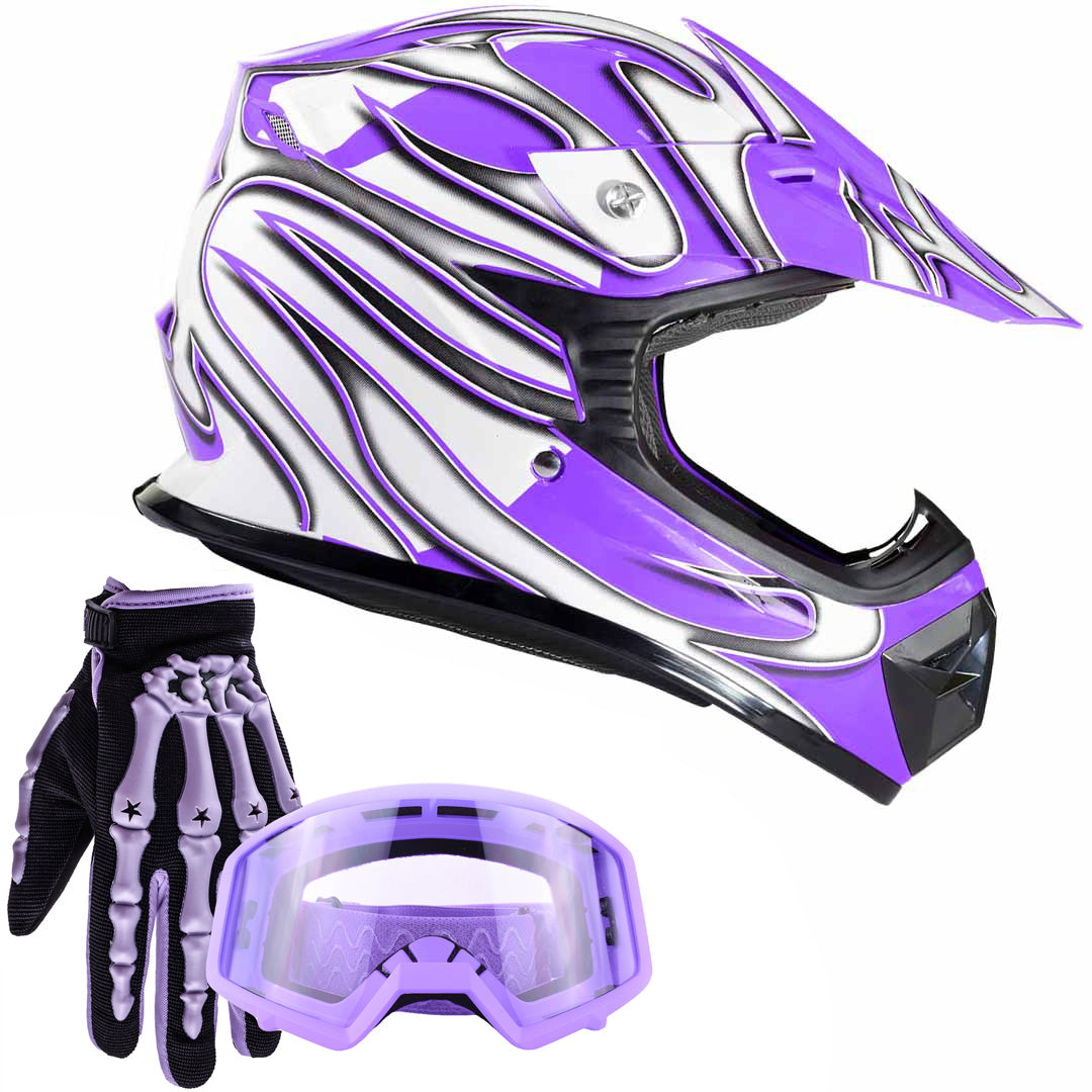 Purple Youth Kids Motocross ATV Dirt Bike Helmet Purple Gloves, Goggles