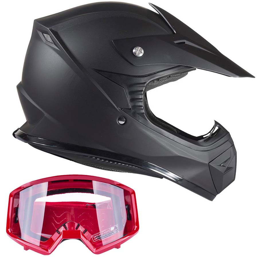 Youth Kids Matte Black Motocross ATV Dirtbike Helmet With Red Goggles