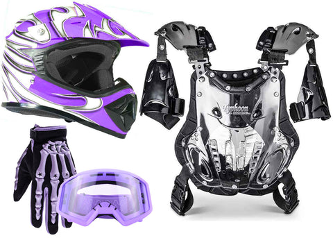 Purple Helmet, Gloves, Goggles And Youth Chest Protector