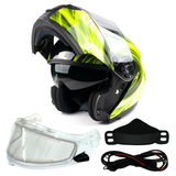 HI-Viz Yellow Adult Modular Flip up Snowmobile Helmet with dual lens Heated shield and drop down sun-glass