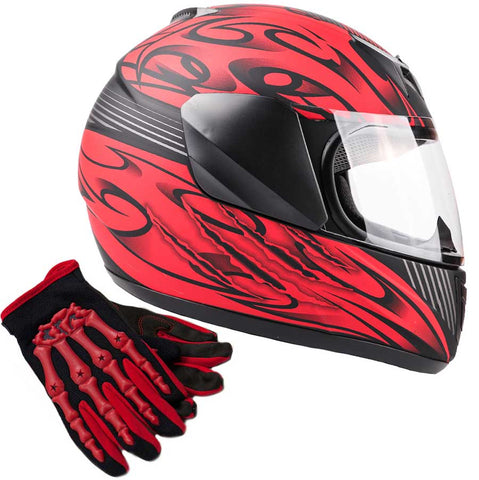Motorcycle Combo - Youth Full Face Matte Red Helmet With Red Gloves