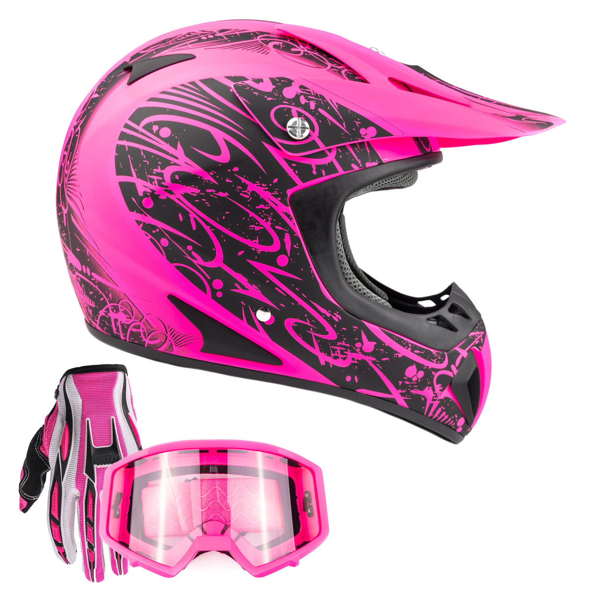 Pink Adult Motocross Helmet w/ Pink Gloves Goggles Typhoon Helmets