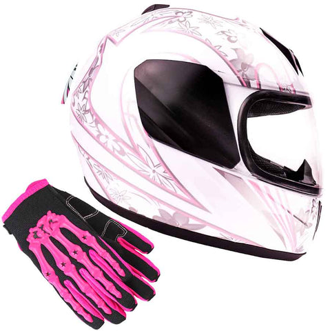 Motorcycle Combo - Youth Full Face White Pink Butterfly Helmet With Gloves