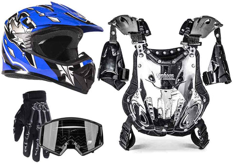 Blue Helmet, Black Gloves, Goggles & Youth Chest Protector