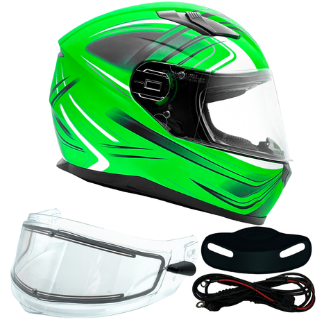 XS Adult Full Face Green Snowmobile Helmet w/ Electric Heated Shield