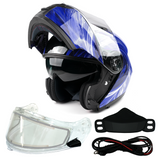 Blue Adult Modular Flip up Snowmobile Helmet with dual lens Heated shield and drop down sun-glass