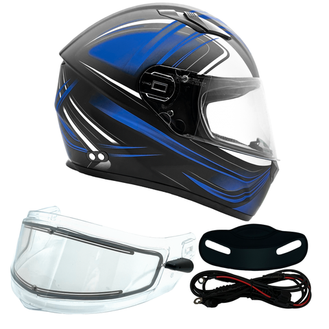 Adult Full Face 3x 4x Matte Blue Snowmobile Helmet w/ Electric Heated Shield