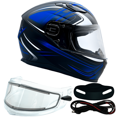 Adult Full Face Matte Blue Snowmobile Helmet w/ Electric Heated Shield