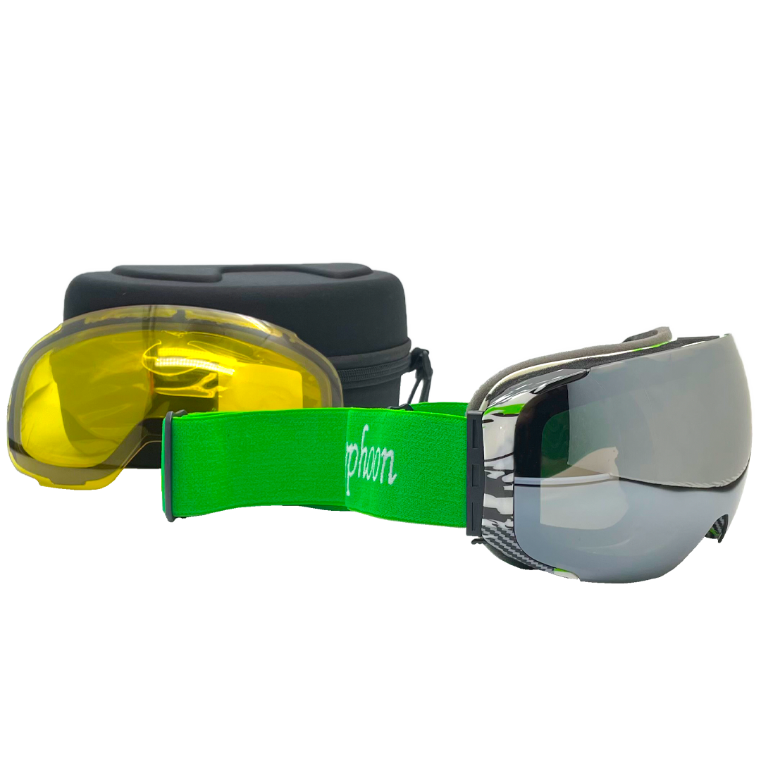 Green top ski goggles