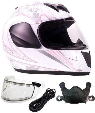 White Pink Butterfly Youth Full Face Snowmobile Helmet w/ Electric Shield
