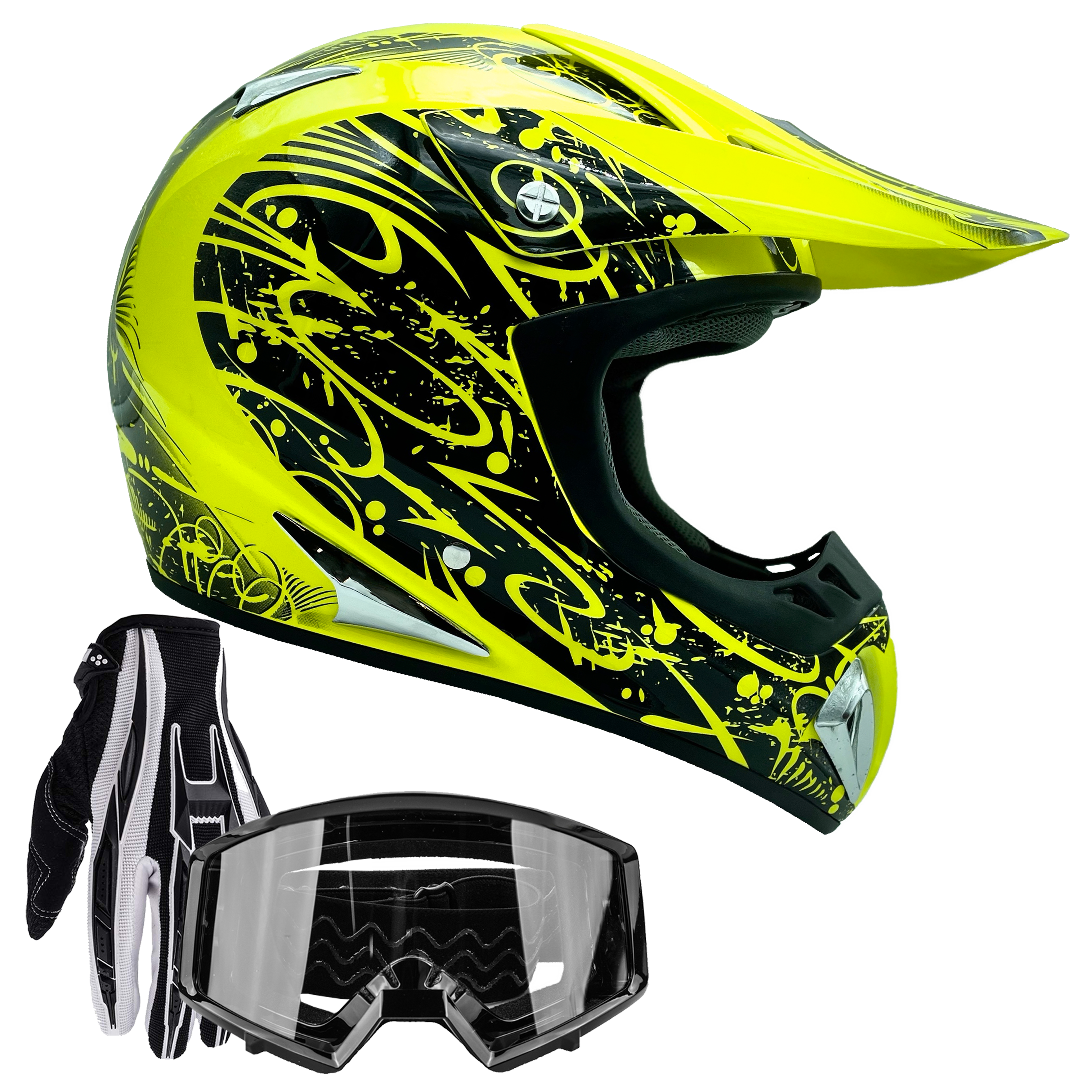 Adult HI-VIZ MOTOCROSS ATV OFFROAD Helmet Combo with Gloves and Goggles XXL