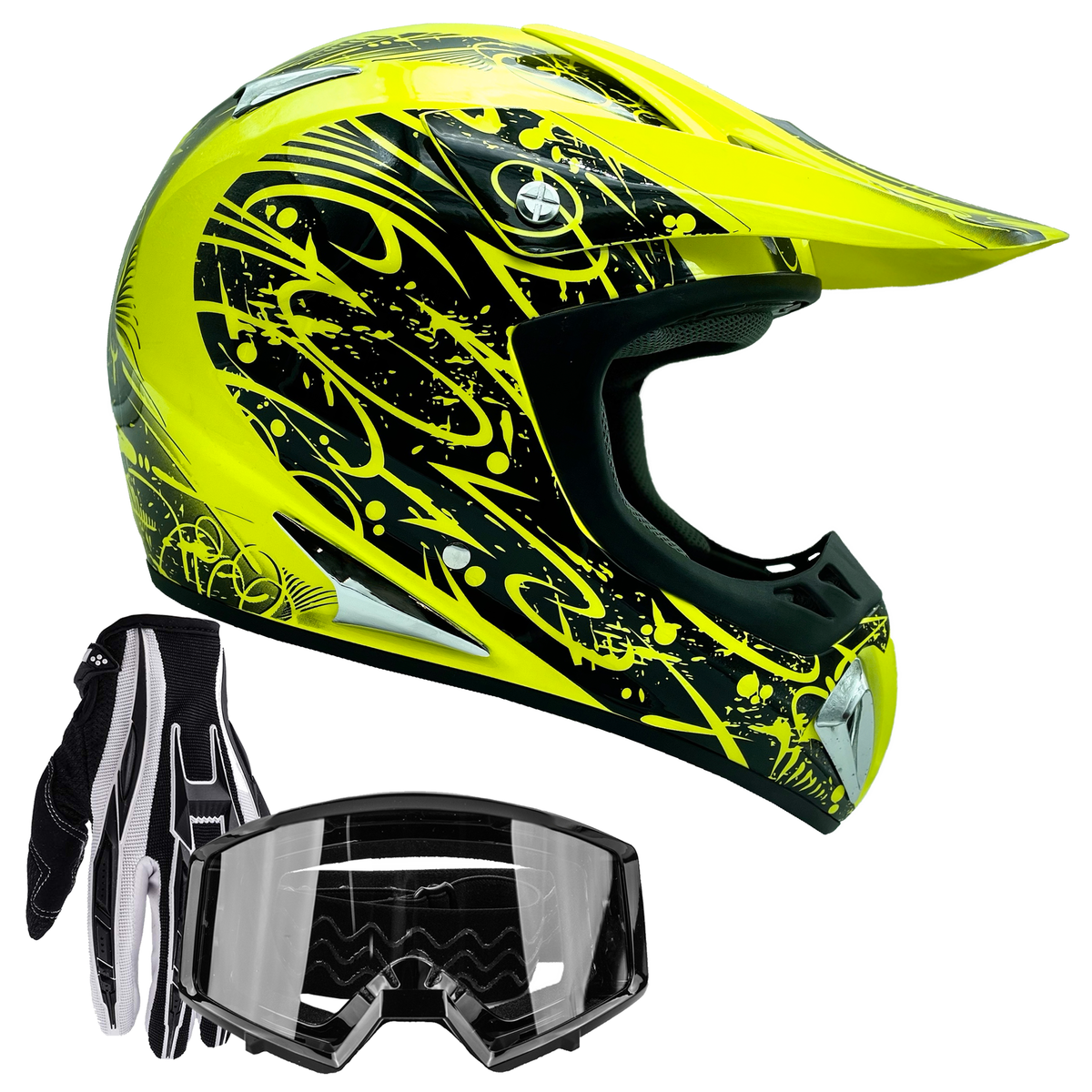 Adult HIVIZ MOTOCROSS ATV OFFROAD Helmet Combo with Gloves and Goggles