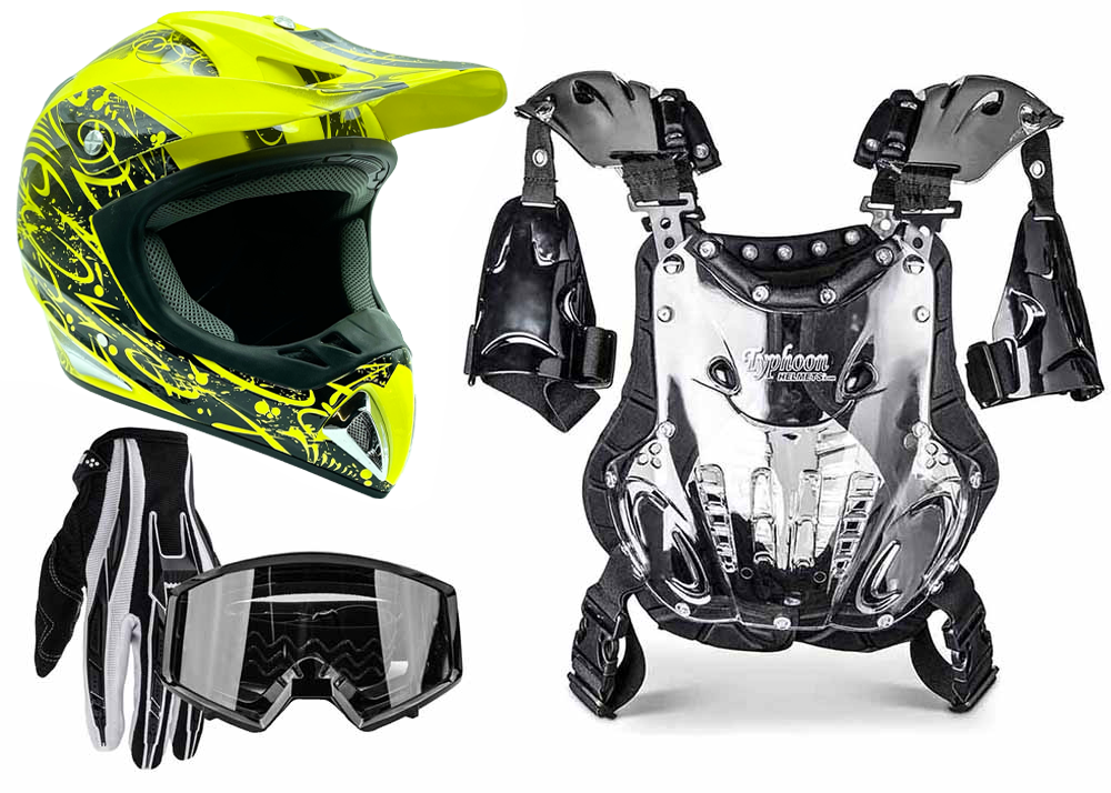 HI VIZ ATV OFFROAD MOTOCROSS Helmet Gloves Goggles Chest Protector Typhoon Helmets
