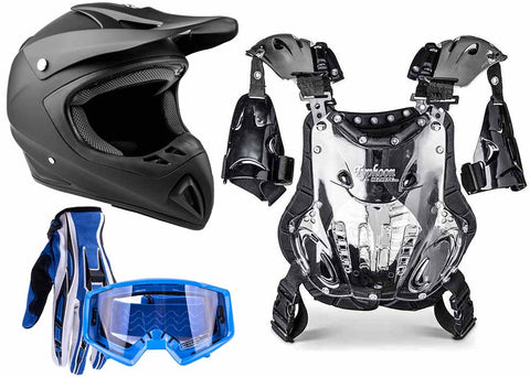 Matte Black Helmet, Blue Gloves, Goggles & Adult Chest Protector