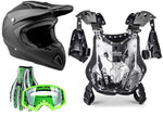 Matte Black Helmet, Green Gloves, Goggles & Adult Chest Protector