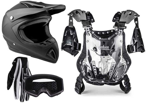 Matte Black Helmet, Gloves ,Goggles  & Adult Chest Protector