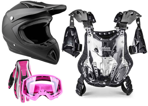 Matte Black Helmet, Pink Gloves, Goggles And Adult Chest Protector