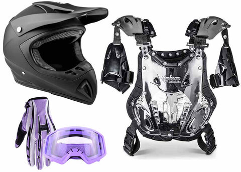 Matte Black Helmet, Purple Gloves, Goggles & Adult Chest Protector