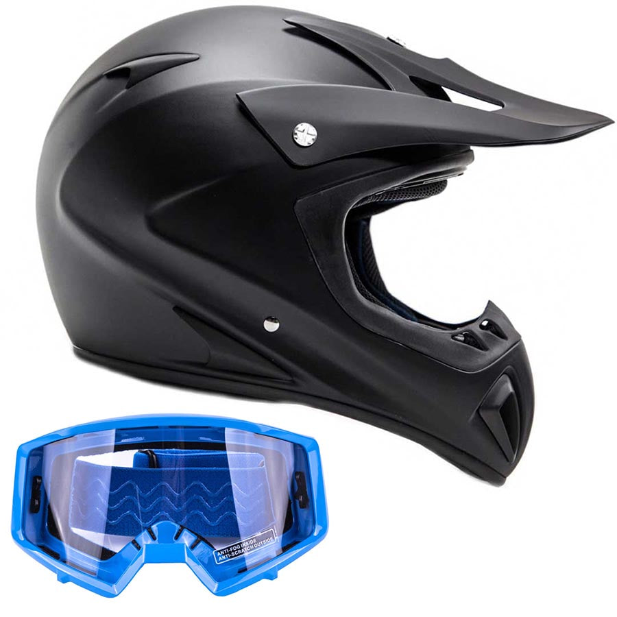 Adult TYPHOON OFFROAD ATV MOTOCROSS Helmet Black with Blue Goggles