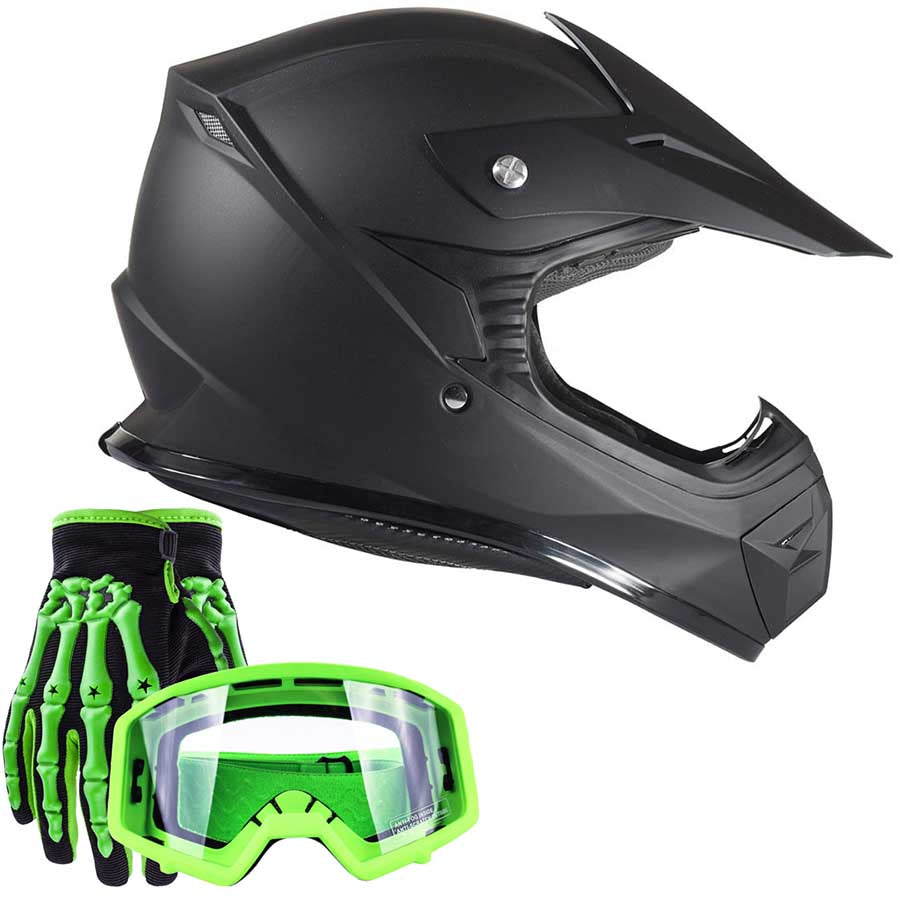 Matte Black Youth Kids Motocross ATV Dirt Bike Helmet Green Gloves, Goggles  – Typhoon Helmets
