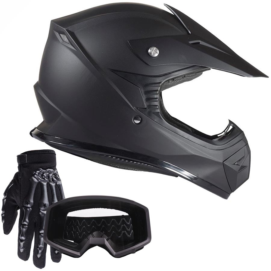 Youth Matte Black Helmet w/ Black Gloves & Goggles Youth Matte Black Helmet w/ Black Gloves & Goggles