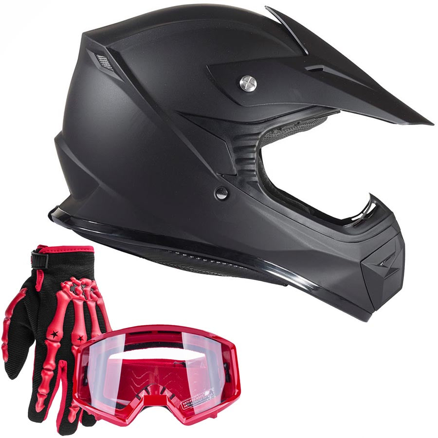 dirtbike motorcycle helmets Matte Black Youth Kids Motocross ATV Dirt Bike Helmet Red Gloves, Goggles – Typhoon Helmets