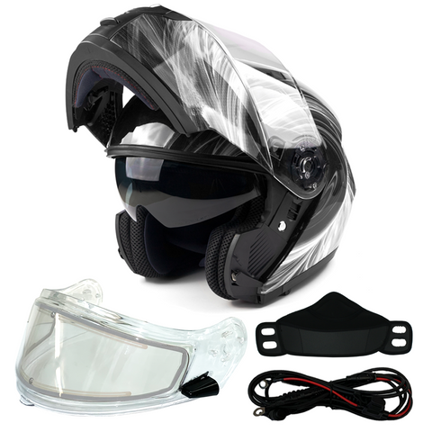 Modular Dual Visor Adult Snowmobile Helmet w/ Electric Heated Shield Black/White