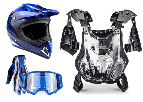 Blue Helmet, Gloves, Goggles & Adult Chest Protector