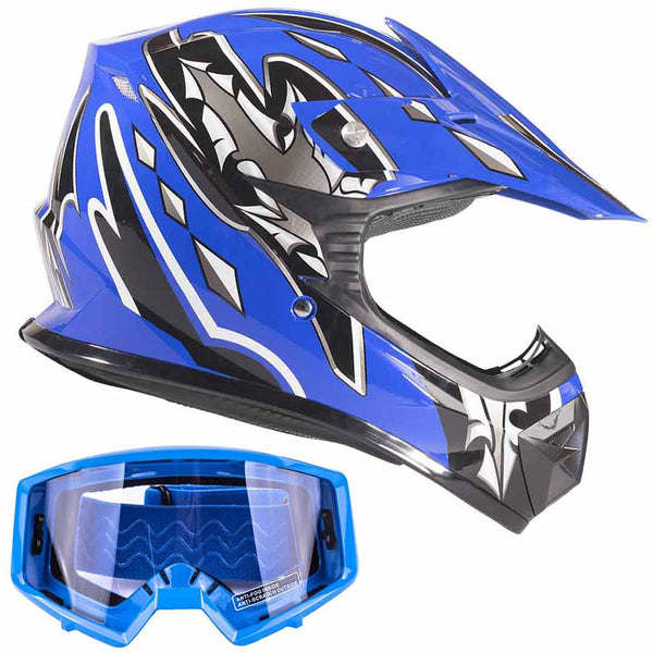 Youth Dirt Bike Helmet Combo Blue w/ Blue Goggles