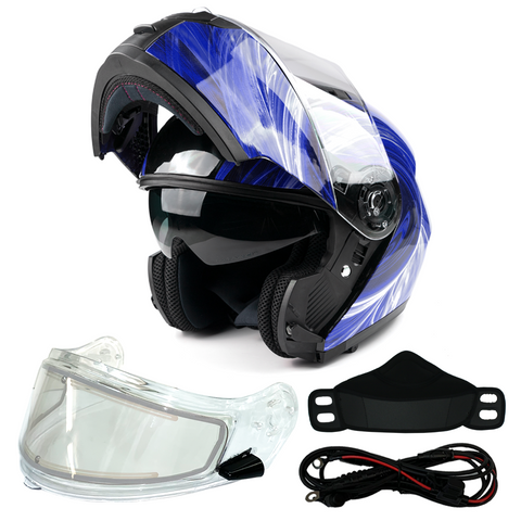 Modular Dual Visor Adult Snowmobile Helmet w/ Electric Heated Shield - Blue