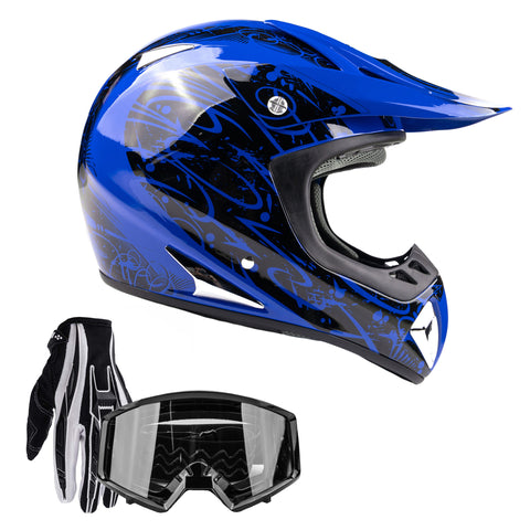 Adult Helmet Combo Blue With Black Gloves and Goggles