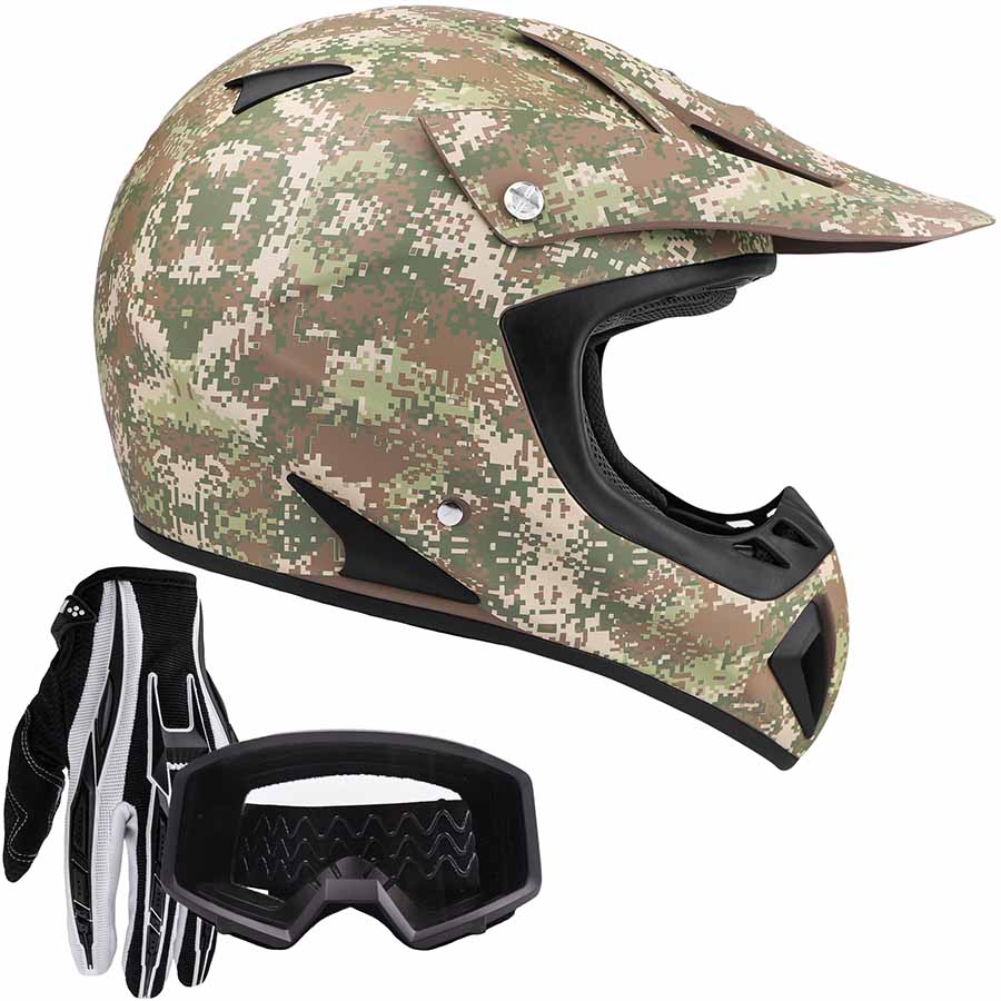 motocross goggles and helmet Adult Camo Motocross Helmet Combo w/ Black Goggles and Gloves