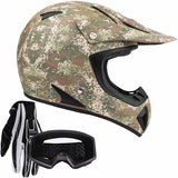 Adult Camo Motocross Helmet Combo w/ Black Goggles and Gloves