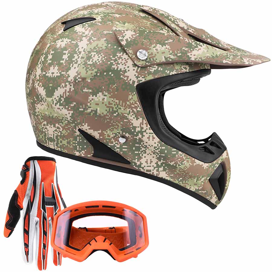 motocross helmets with goggles Adult Camo Motocross Helmet Combo w/ Orange Goggles and Gloves