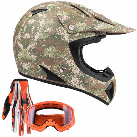 Adult Camo Motocross Helmet Combo w/ Orange Goggles and Gloves