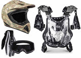 Camo Helmet, Black Gloves, Goggles & Adult Chest Protector