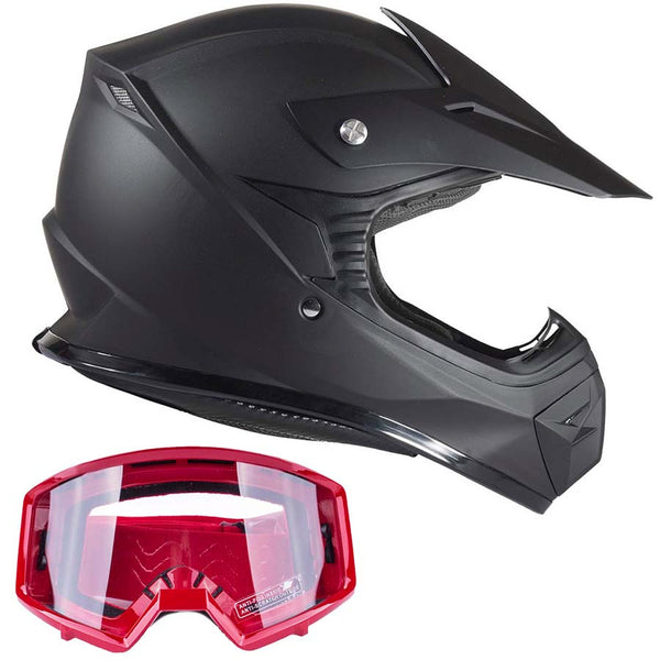 Youth Kids Matte Black Motocross ATV Dirtbike Helmet With Red Goggles   Typhoon Helmets