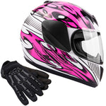 Motorcycle Combo - Youth Full Face Pink Helmet with Black Gloves