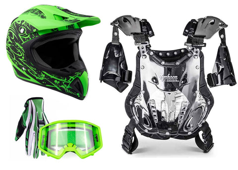 Green Helmet, Gloves, Goggles and Adult Chest Protector