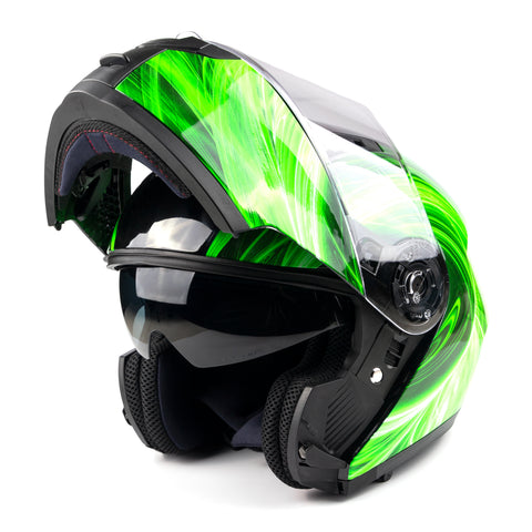 convertible helmets motorcycles Green Swirl Dual Visor Adult Modular Motorcycle Typhoon Helmet XXL