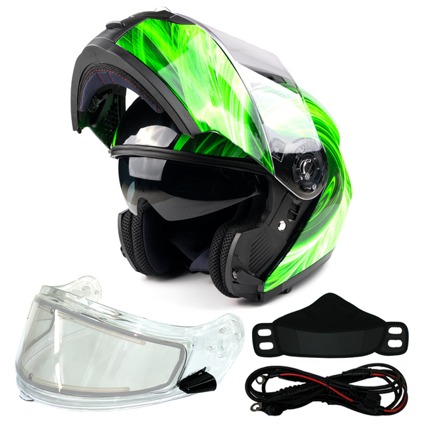 Green Adult Modular Flip up Snowmobile Helmet with dual lens Heated shield and drop down sun-glass
