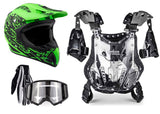 Green Helmet, Black Gloves, Goggles & Adult Chest Protector