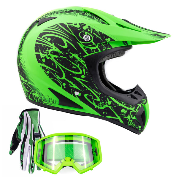 Green Adult Motocross Helmet w/ Green Gloves Goggles Typhoon
