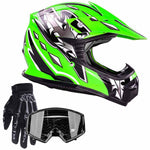 Youth Helmet Combo Green w/ Black Goggles & Gloves