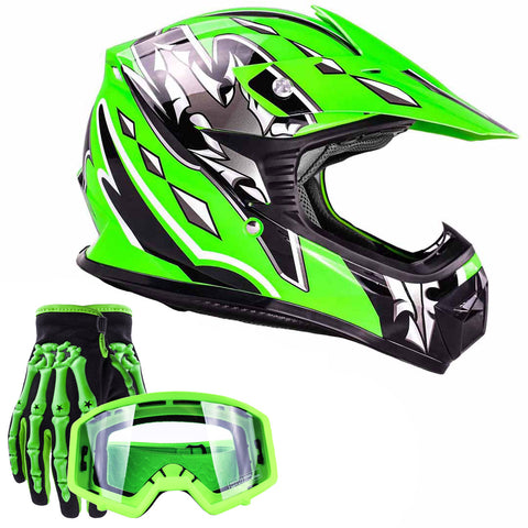 Youth Helmet Combo Green w/ Gloves and Goggles