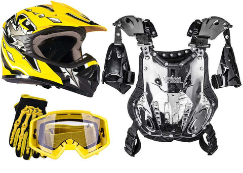 Yellow Helmet, Gloves, Goggles and Pee-Wee Chest Protector